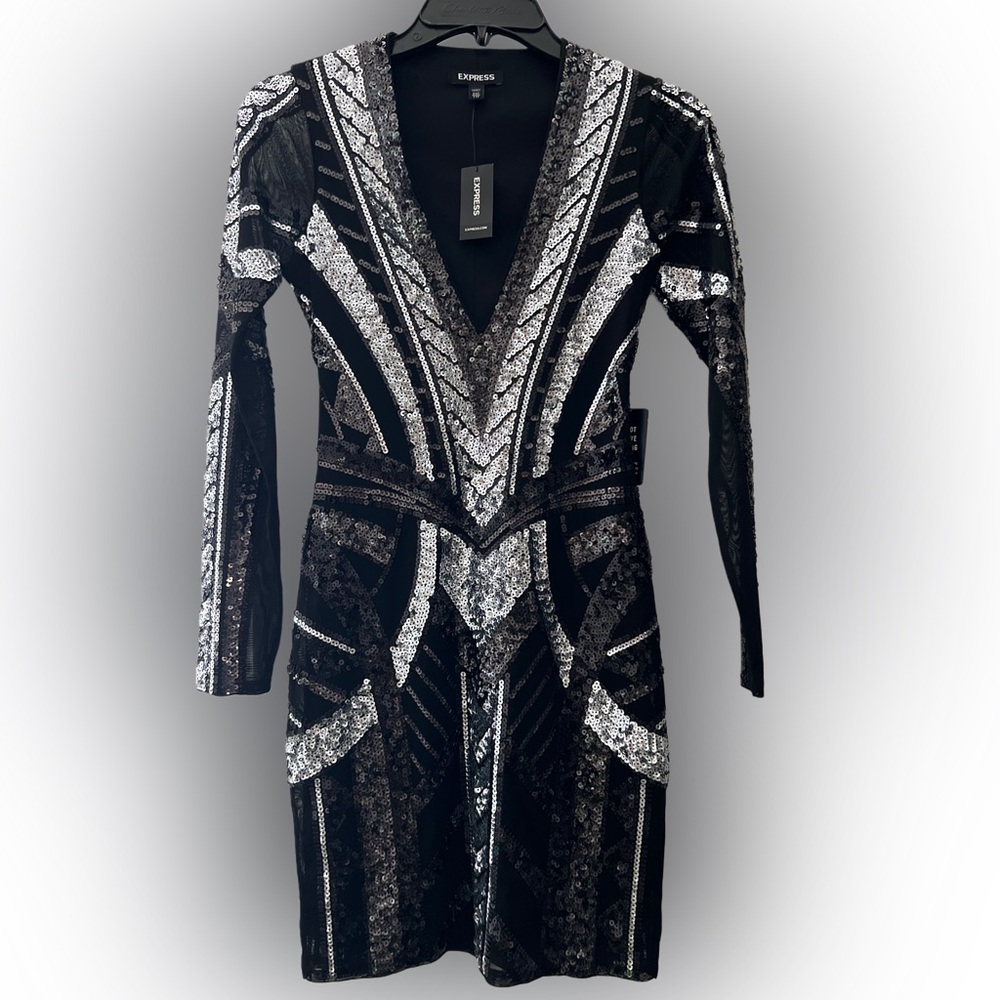 Express Black Dress with Silver Sequin Geometric Detailing